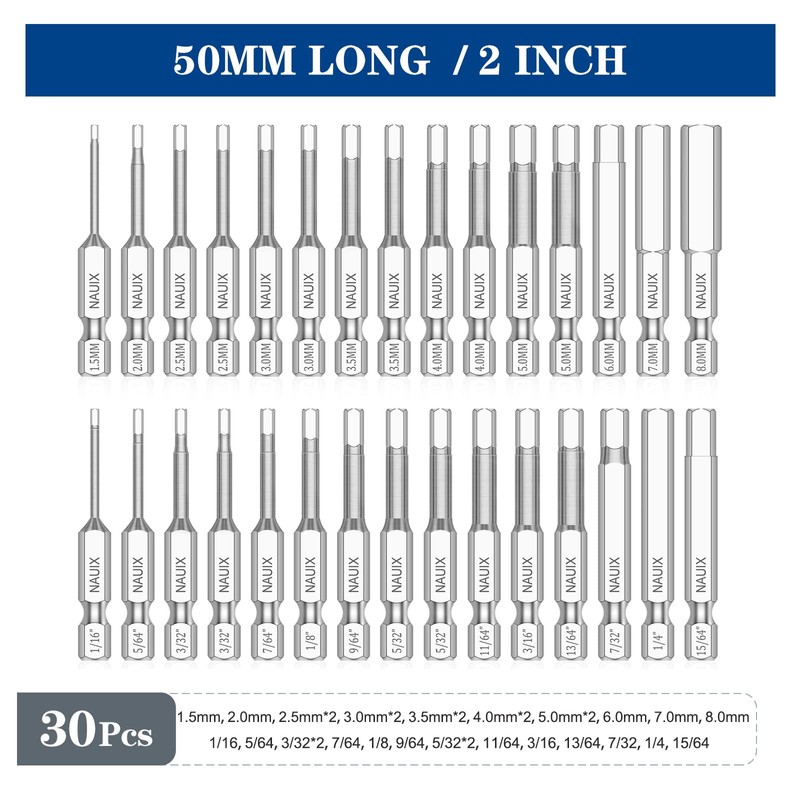 30 Piece Hex Head Allen Wrench Drill Bit Set, 1/4