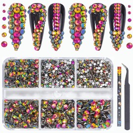 6Grids 3000Pcs Clear Flatback Rhinestones , Flame Red Nail Gems Crystals Jewels, Craft Glass Diamonds Stones Bling Rhinestone with Tweezers and Picking Pen For Nail Face Makeup(1.8mm~4mm Crystal)