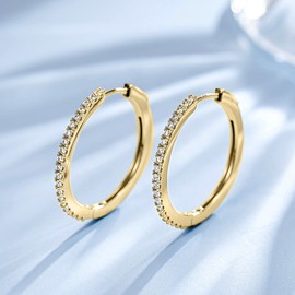 Large Medium Hoop Earrings Wide Huggie 925 Sterling Silver with Sparkling Cubic Zirconia Round Cut Jewellery for Women Girls Diameter 30 mm, Silver