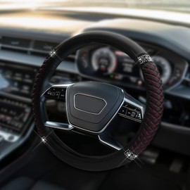 HQRNYP Bling Soft Leather Steering Wheel Cover, Steering Wheel Protector, 15 Inch Colorful Rhinestones Elastic Auto Protector, Anti-Slip Diamond Leather Car Accessories Fit Women Girls (Black&Red)