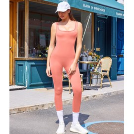 TrainingGirl Women One Piece Jumpsuit Square Neck Workout Bodysuit Ribbed Sleeveless Sports Romper Tummy Control Yoga Bodycon (Coral Orange, X-Large)