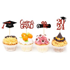 Graduation Decorations 2025-24Pcs Red Glitter 2025 Graduation Cupcake Toppers for Class of 2025 Party Decorations