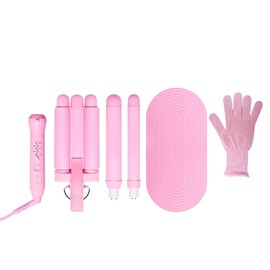 Mermade Hair 3 in 1 Style Wand - Hair Waver 3 Barrel, Curling Iron 1 1/4 Inch, 1 Inch Curling Iron, Ceramic Barrel Waver & Curler w/Heat Glove, Matt, & Interchangeable Handle - Pink
