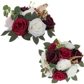 BLOSMON - Bola de centro de mesa de flores artificiales para boda, 2 piezas de centro de flores artificiales de color borgoña, decoración para mesa de seda, besos de flores, arreglos de ramo de flores
