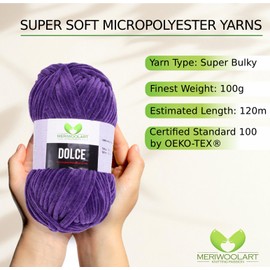 MeriWoolArt Chenille Yarn for Knitting and Crocheting Dark Purple - 100 g and 120 m Velvet Wool - 100% Fluffy Polyester Knitting Yarn for Amigurumi Cushions Blankets Soft Clothing Gifts