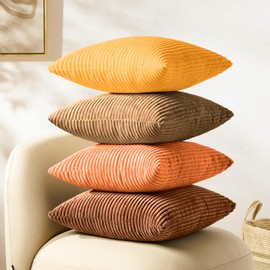 Softalker Fall Pillow Covers 16 x 16, Set of 4, Soft Corduroy Solid Striped Throw Pillow Cover, Modern Cushion Decorative Pillow Cases for Couch Sofa Bedroom Living Room, Rust Brown