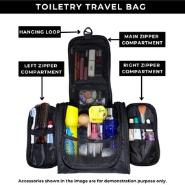 Outer Woods Travel Toiletry Bag with Hanging Hook, Waterproof Travel Pouch with Multiple Compartments for Cosmetics and Toiletries, Black