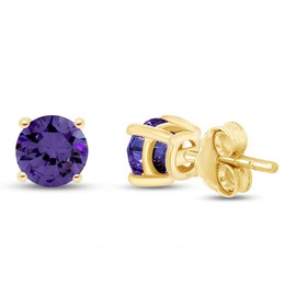 4MM Round Shaped Simulated Birthstone Stud Earrings Prong Setting Push Back Earrings In 14K Gold Over Sterling Silver (0.5 Ct), Jewelry Gift For Her, Yellow Gold Sterling Silver, Amethyst