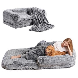 EHEYCIGA Foldable Human Dog Bed, Orthopedic Memory Foam Human Sized Dog Bed, Waterproof Pet Bed for People, Faux Fur Pet Couch for Adult, Faded Black, 72"x44"x11"