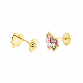 Women's & Children's Enamel Unicorn Stud Earrings - Yellow Gold 9 Carat (375) - Gift Box, Gold, No Gemstone