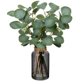 Briful Artificial Eucalyptus Stems in Black Glass Vase with Faux Water, 14" Fake Plant Eucalyptus Leaves for Home Office Farmhouse Wedding Centerpiece Décor
