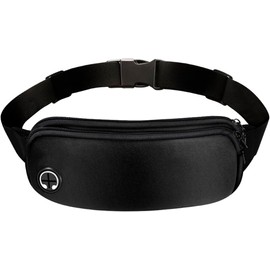 Riñonera Deportiva Impermeable Ajustable 98 cm con Doble Compartimento Seguro y Salida para Audífonos Cinturón Running para Teléfono Ideal para Deporte Viaje Gimnasio y Uso Diario (Negro)