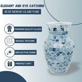 Escenzy Modern Flower Vases Home Decor | 8" Mosaic Glass Vase for Centerpiece Table Decoration | Premium Vase Decor for Living Room Table Wedding Bedroom Kitchen Office | Blue