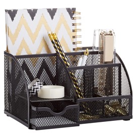 Annova Mesh Desk Organizer Office with 7 Compartments + Drawer/Desk Tidy Candy/Pen Holder/Multifunctional Organizer (Black)