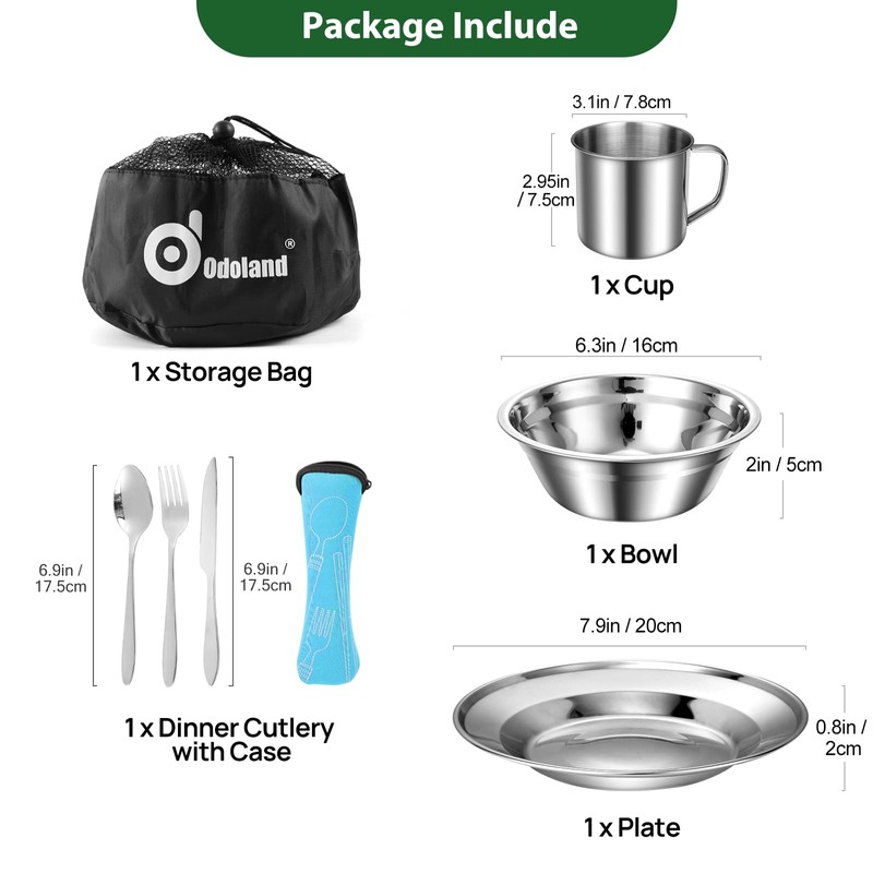 Odoland Camping Cutlery Set - Stainless Steel Tableware Mess Kit
