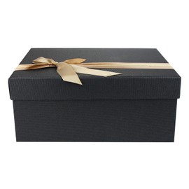 Emartbuy Rigid Luxury Rectangle Shaped Presentation Gift Box, 25.5 cm x 18.5 cm x 11.5 cm, Textured Black Box with Lid, Printed Interior and Gold Beige Satin Decorative Ribbon