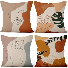 Uiiooazy Abstract Faces Cushion Covers, Boho Terracotta Green Palm Leaves Square Cushion Cover Velvet Decorative Cushion Cover for Sofa, Couch, Bedroom, Living Room, Car, Set of 4, 40 W x 40 cm