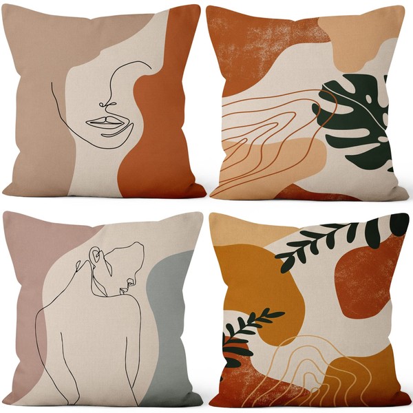 Uiiooazy Abstract Faces Cushion Covers, Boho Terracotta Green Palm Leaves