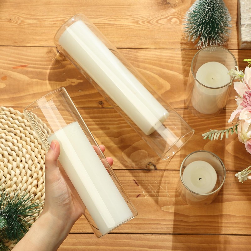 Shihanee Set of 8 Ivory Pillar Candles and Glass Cylinder