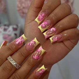 24Pcs Yellow French Tip Press on Nails Medium Square Fake Nails with Designs Cute Flower Acrylic Nails Kit Spring Summer Stick on Nails Reusable Nude Pink Glue on Nails for Women Manicure Supplies