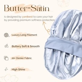 YANIBEST Gorro De Satén De Seda De Doble Capa Para Dormir Estampado Para Mujer Con Banda Para Atar Para Cabello Natural Rizado Azul