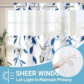 WITHLOC No Hook Shower Curtain with Snap in Liner - Fabric Waterproof Inner Liner, Plants Blue Floral Grey Nature Birds Cloth Shower Curtains Washable, 71 x 74 Inch