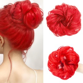 QTHQTFL Messy Bun Hair Piece, Hair Bun Hair Pieces for Women Girls Synthetic Wavy Curly Hair Bun Scrunchies Ponytail Extensions (Red)