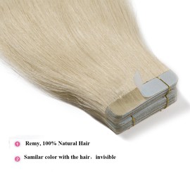 22 inch Tape in Hair Extensions Human Hair [2.5g*40pcs] #60 Platinum Blonde 100% Remy Real Invisible Hairpieces for Women Skin Weft Straight (100g)