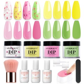 AZUREBEAUTY Floral Lime Green Dip Powder Nail Kit Starter Liquid Set with Base Top Coat Activator Dried Flowers for French Nails Art Manicure DIY Salon