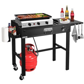 Outdoor Grill Table Cart with Wheels & 3-Burner Propane Gas Griddle Combo, 30,000 BTU Portable Flat Top Grill Station with Storage Shelf, Drip Tray & Accessories for Camping, Backyard BBQ, Tailgating