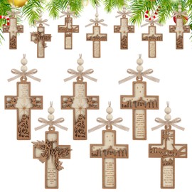 Vercraft 24 Pcs Christmas Wooden Cross Ornaments for Tree Christian Religious Cross Church Hanging Ornaments Decorations Bulk Farmhouse Gift for Xmas Holiday Church Home Decor (Vintage Style)