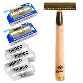 Kazakiri W Ouro Wooden Handle, Genuine Shaving, Double-edged Razor, Main Body + 20 Replacement Blades, Razor, Shaving, Face Sledding, Men's, Gold, Gold