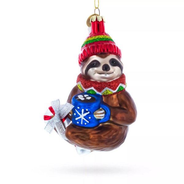 BESTPYSANKY Festive Sloth with Mug Blown Glass Christmas Ornament