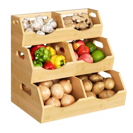 Onion Storage Bins Potato, 3 Tier Bamboo Pantry Storage Bin Stackable Ventilated Kitchen Organizer for Pantry, Countertop, Bathroom, Space-Saving, Easy Access Handle Natural Brown(Assembly Required)