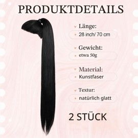 QITHGYD Set of 2 Black Ponytail Extensions, 70 cm Hairpiece Braid for Women, Straight Hair Extensions with Elastic Band, Easy to Use, Natural Look, Hair Extensions, Ideal for Everyday Use and Party