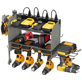CCCEI Modular Power Tool Organizer Wall Mount Charging Station, Grey 6 Drills Holder with 8 Plug Power Strip 10FT, Garage Drill Battery Heavy Duty Metal Shelf, Utility Rack with Hooks, Side Storage.