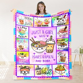 Fihevur Ramen Blanket for Girls, Ramen Gift for Women Girls, Just A Girl Who Loves Ramen and Boba Blanket for Couch Bed Room Decor 50"x 60"