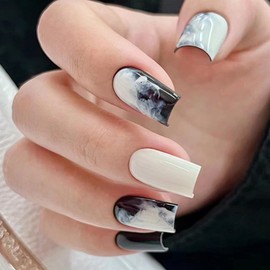 Square Press on Nails Medium Length - Solid Color Fake Nails with Glue,Glossy Black White False Nails with Designs Stick on Nails Reusable Natural Artificial Nails Manicure for Women Manicure 24Pcs