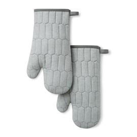 MARTHA STEWART Honeycomb Quilted Chambray Oven Mitt 2-Pack Set, 100% Cotton, Heat Resistant, Flexible Grip, Grey, 7"x13"