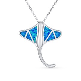 Große Nautische Ozean Blau Erstellt Opal Inlay Stachelrochen Anhänger Halskette Für Frauen .925 Sterling Silber