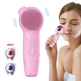 Facial Cleansing Brush Skin Massager Electric Silicone LED Lighting Face Brush Sonic Vibration IPX7 Waterproof:_Pink