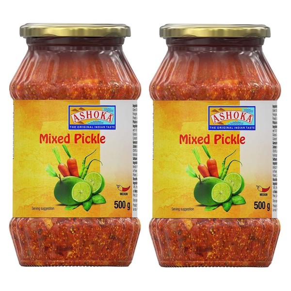 Ashoka Mixed Pickle 500g (Pack of 2)- Perfect as a Side Condiment for Any Indian Dish - Eaten with Indian Dinner or with Indian Breakfast