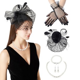 Piacolnic 5 Pieces Fascinators Hat for Women Tea Party, Fascinators for Women High Tea Retro Black Fascinator Hats Lace Gloves Necklace