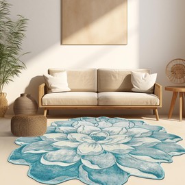 Flower Rug 5ft Round Area Rugs Cute Plush Flower Shaped Rug Circle Girly for Bedroom Floor Living Room Carpet 301 Blue