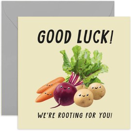 Old English Co. Funny Root Vegetable Good Luck Card for Him Her - 'Rooting For You' Card for Exams, New Job, Leaving, Retirement, GCSEs, A Levels - For Son, Daughter | Blank Inside with Envelope