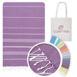 COMFYRIA Turkish Beach Towel with Tote Bag - Extra Large 39x71 Cotton Beach Towel - Sandfree, Quick Dry, Lightweight Beach Blanket - Prewashed for Soft Feeling - Travel Essentials - Purple