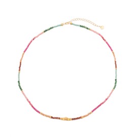 glairie Rainbow Beaded Gemstone Necklace, Gold Plated Sterling Silver Beads and Charms, Garnet Red Corundum Green Agate Beads, 15 inches with 1.6 inch Adjustable Extender