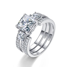 Bonlavie 925 Sterling Silver 3 Stone Princess Cut Past Present Future Engagement Wedding Ring Set (S 1/2)