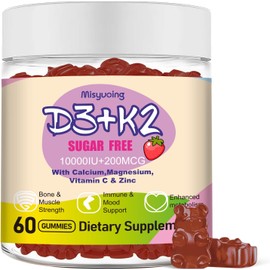 Sugar-Free Vitamin D3 K2 Gummies – 10,000 IU D3 & 200 mcg K2 with Vitamin C, Calcium, Magnesium & Zinc – Supports Bone, Joint, Muscle, Nerve & Immune Health  