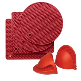 AUZLA Hot Pads and Oven Mitts Mini, Trivets for Hot Dishes and Hot Pan, Hot Pads for Kitchen, Countertops, Spoon Rest (2 Square + 2 Round Mats + 1 Pair Oven Mitts, Red)